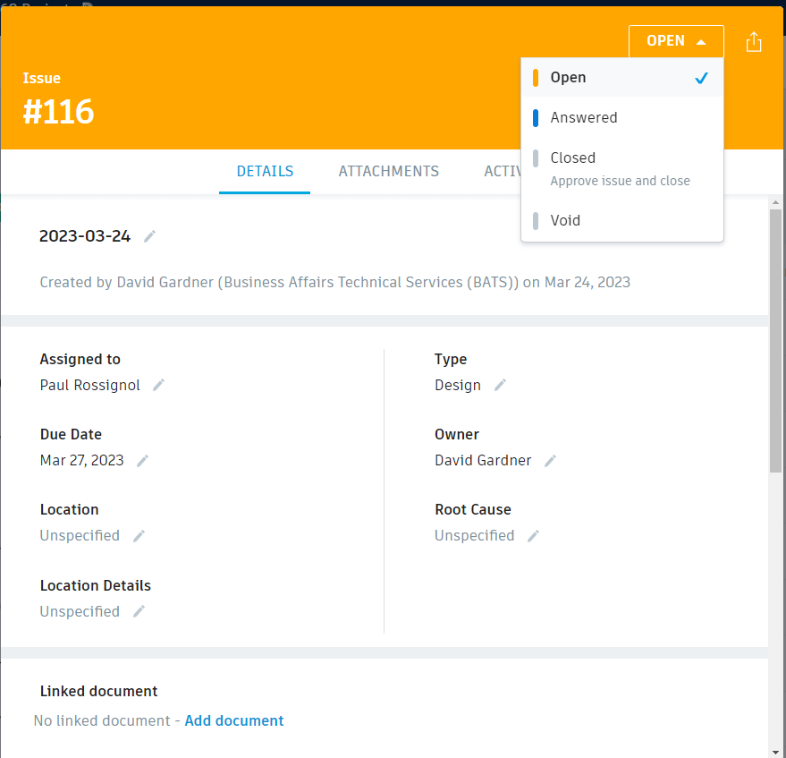 Four issue statuses for BIM 360: Open, Answered, Closed and Void