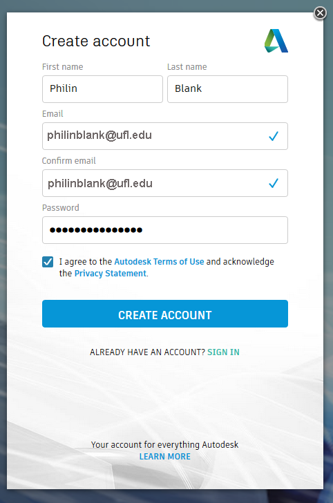 Example of completed fields in the Autodesk "Create Account" online form.