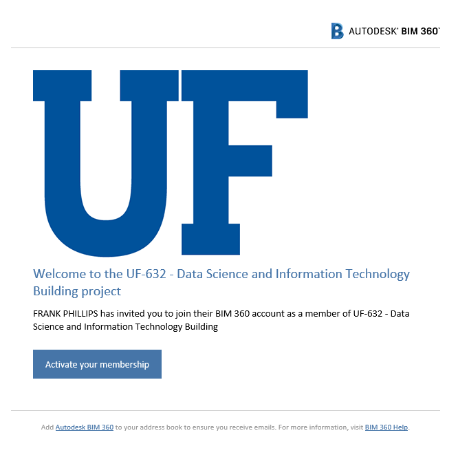 Autodesk BIM 360 Welcome email invitation