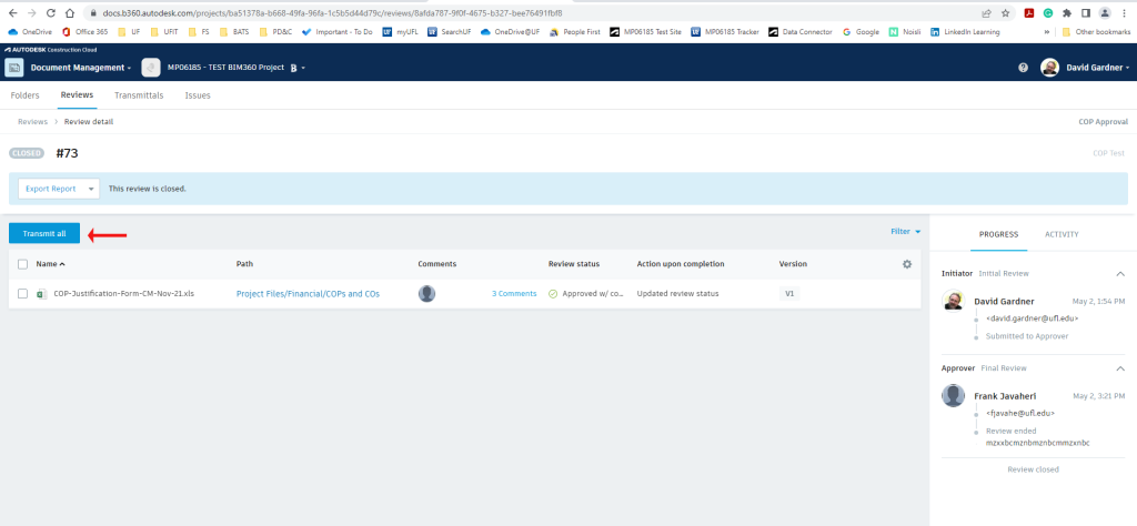 Screen-shot of BIM 360 page with "Transmit all" option