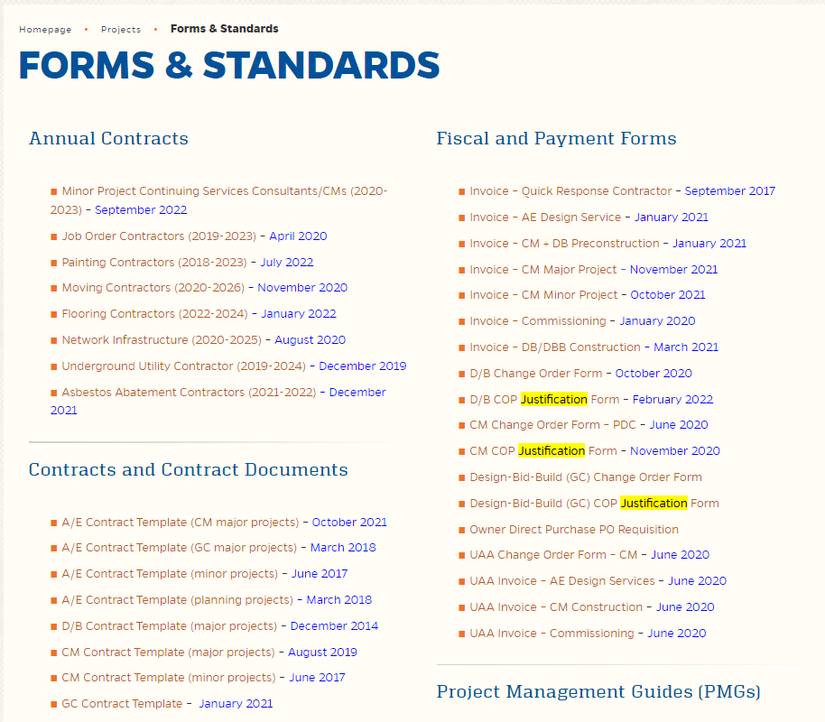 Screen shot of PDC Forms & Standards page